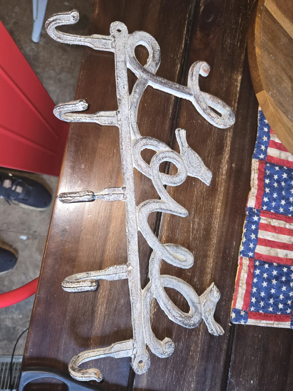Distressed White Metal Wall Hook Rack with Bird Accents